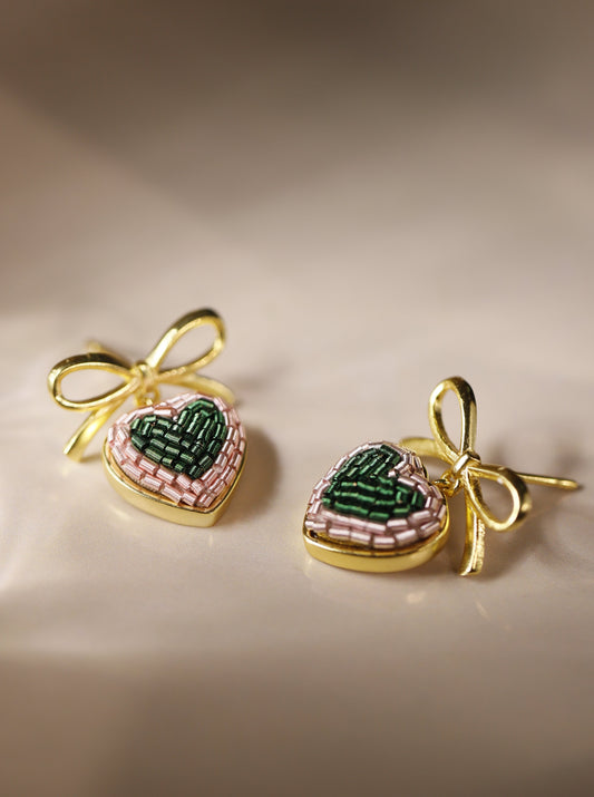 Bow Heart Drops - Pink and Emerald